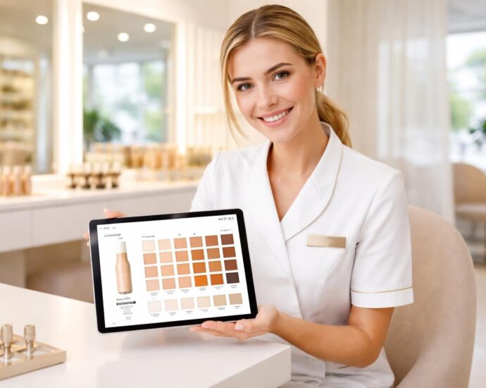 découvrez comment une tablette samsung facilite le choix de la teinte de maquillage en institut, pour un rendu parfait et personnalisé.