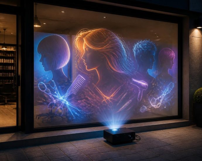 découvrez comment transformer une vitrine de salon de coiffure grâce à une projection innovante avec un vidéoprojecteur acer pour attirer et captiver vos clients.
