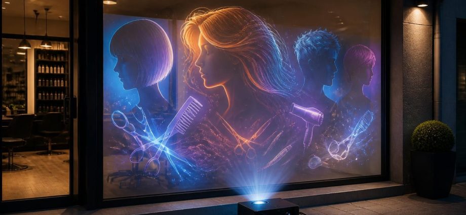 découvrez comment transformer une vitrine de salon de coiffure grâce à une projection innovante avec un vidéoprojecteur acer pour attirer et captiver vos clients.