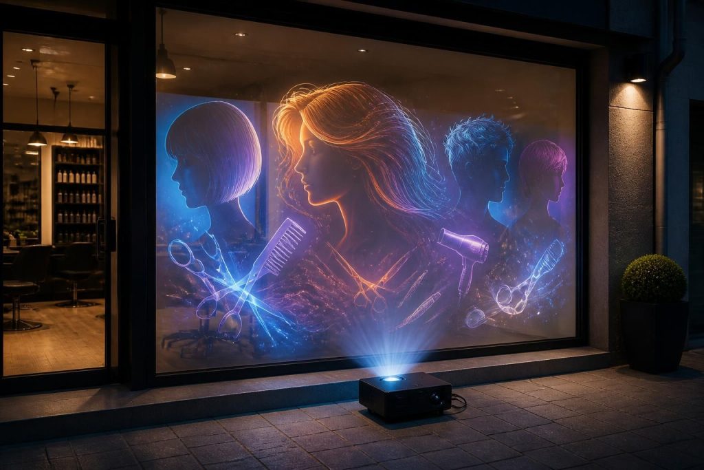 découvrez comment transformer une vitrine de salon de coiffure grâce à une projection innovante avec un vidéoprojecteur acer pour attirer et captiver vos clients.