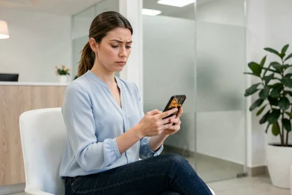 Femme consultant les avis en ligne sur son téléphone dans une salle d'attente de clinique dentaire moderne