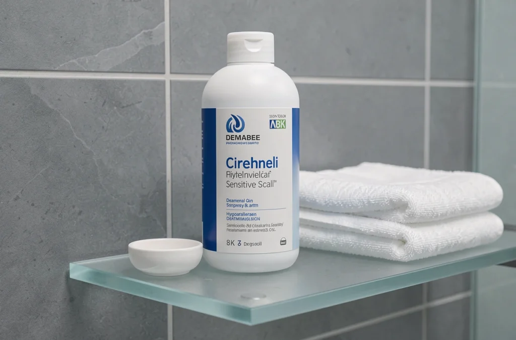 Flacon de shampooing fluide Bioderma Nodé posé sur une étagère en verre dépoli dans une salle de bain épurée avec une serviette coton et un bol en céramique blanche