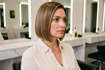Femme aux cheveux fins avec un carré plongeant élégant dans un salon de coiffure moderne, visage affiné mis en valeur