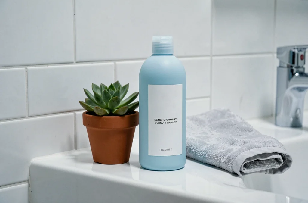 Flacon de shampoing extra-doux usage quotidien Cattier posé sur le bord d'un lavabo en porcelaine blanche avec une petite plante succulente et un gant de toilette gris