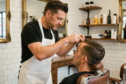 Coiffeur professionnel examinant la coupe taper d'un client dans un barbershop moderne
