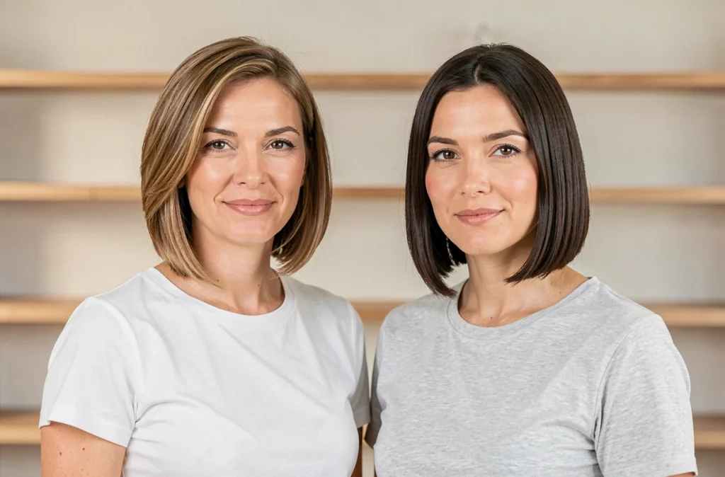 Comparaison entre carré plongeant et coupe droite sur deux femmes en studio de coiffure, pour affiner la forme du visage