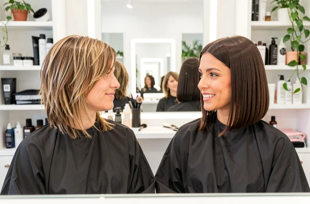 Deux femmes assises dans un salon de coiffure lumineux comparant leurs coupes de cheveux mi-longs, l'une avec un shag et l'autre avec un carré lisse