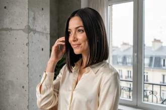 Femme aux cheveux mi-longs lisses et brillants coiffés en carré plongeant, portant un chemisier en soie crème dans un appartement parisien moderne