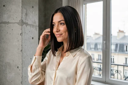 Femme aux cheveux mi-longs lisses et brillants coiffés en carré plongeant, portant un chemisier en soie crème dans un appartement parisien moderne