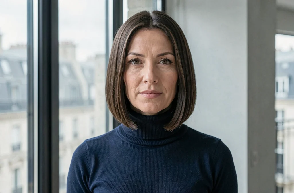 Femme avec une coupe droite au carré à hauteur du menton portant un col roulé marine, visage affiné par la coupe géométrique