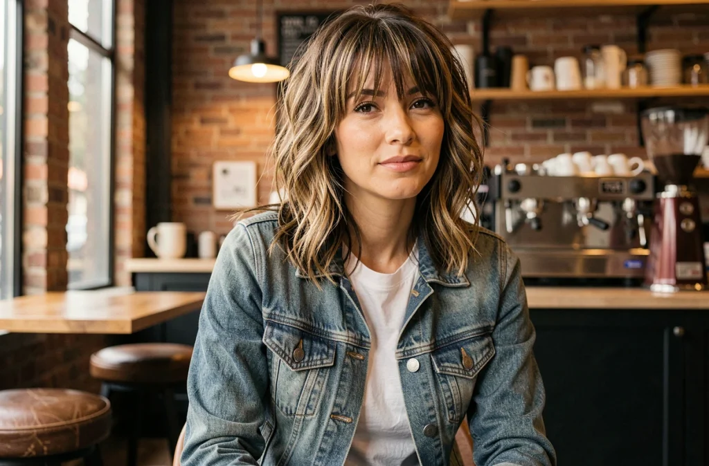 Femme avec une coupe shag mi-longue aux frange rideaux et texture ondulée naturelle, assise dans un café style brooklyn avec murs en briques apparentes