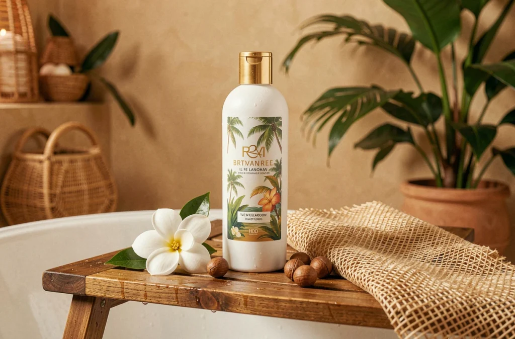 Flacon de shampoing bio Énergie Fruit au monoï et macadamia posé sur une tablette de baignoire en bois avec une fleur de gardénia et des noix de macadamia