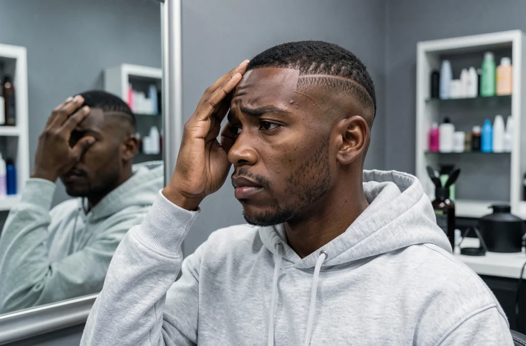 Jeune homme constatant une erreur de dégradé taper inégal devant un miroir de salon