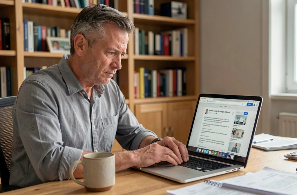 Homme lisant attentivement les avis clients sur un site de clinique dentaire depuis son bureau à domicile