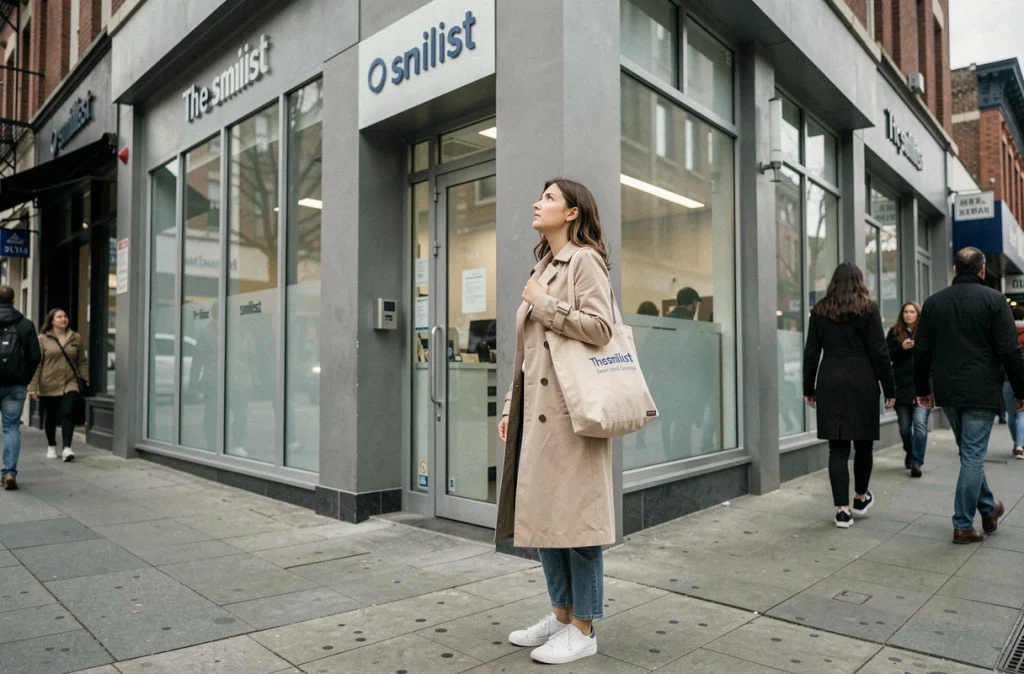 Jeune femme observant la façade d'une clinique dentaire The Smilist en milieu urbain avec un regard interrogateur