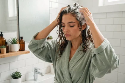 Femme aux cheveux bouclés naturels appliquant un shampoing sans paraben sans silicone sans sulfate dans une salle de bain épurée