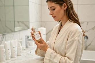 Femme débutante en clean beauty examinant un soin bio La Provençale dans une salle de bain minimaliste
