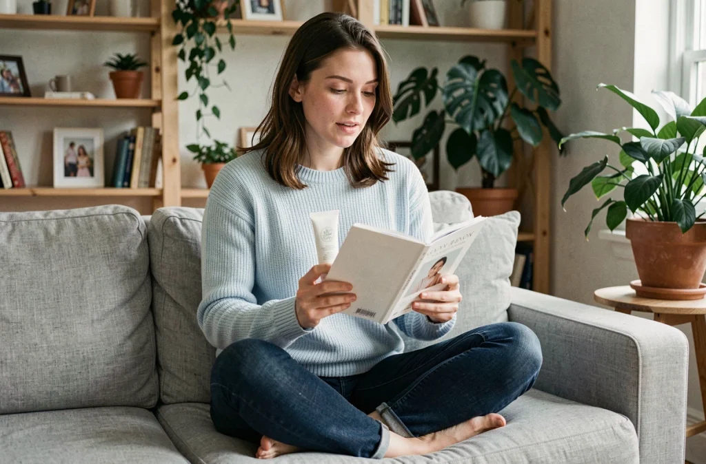 Femme lisant un guide clean beauty avec un soin bio La Provençale dans un salon cosy et naturel