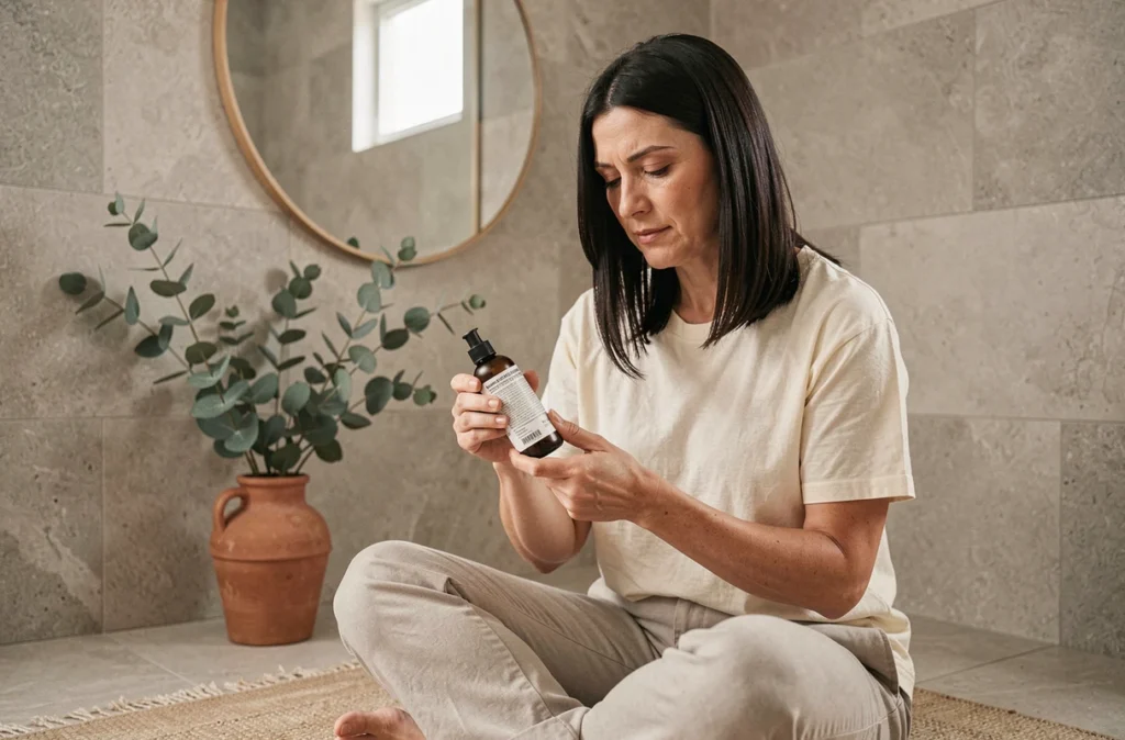Femme lisant l'étiquette d'un shampoing sans paraben et sans silicone dans une salle de bain minimaliste