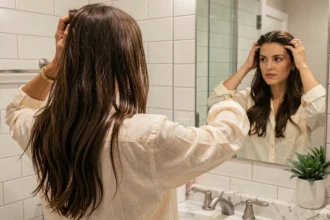 Femme mesurant la pousse de ses cheveux devant un miroir de salle de bain