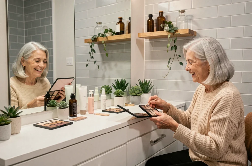 Deux femmes aux cheveux blancs et argentés comparant des palettes de maquillage devant un miroir de salle de bain pour harmoniser leur teint avec leur couleur de cheveux