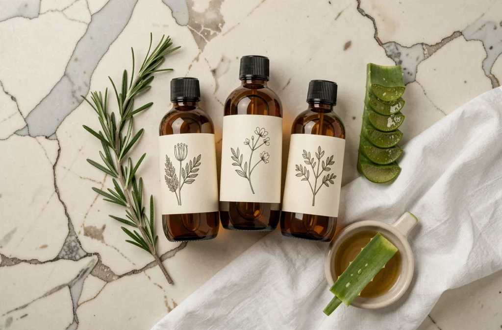 Flat lay de produits capillaires naturels sans sulfate et sans silicone avec ingrédients botaniques sur marbre