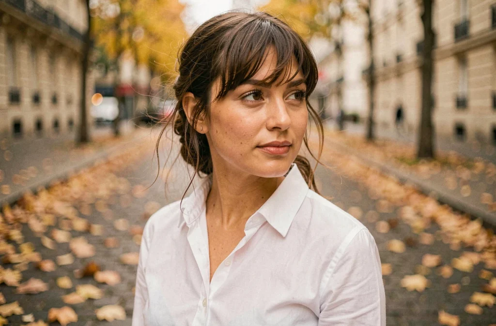 Jeune femme avec visage rond et frange rideau en plein air dans une rue parisienne en automne
