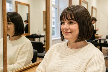 Femme aux joues rondes avec une frange droite effilée souriante dans un salon de coiffure parisien