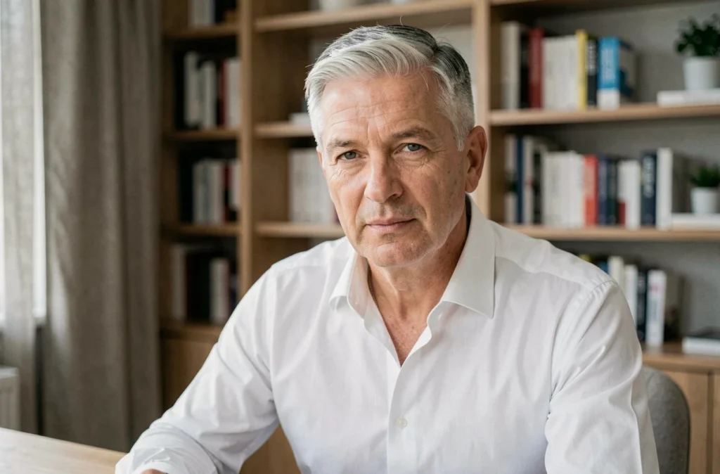 Homme distingué aux cheveux gris et blancs assumés dans un bureau à domicile contemporain avec chemise blanche