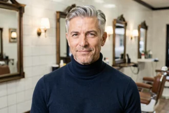 Homme aux cheveux poivre et sel assumés dans un salon de coiffure moderne, portant un col roulé bleu marine