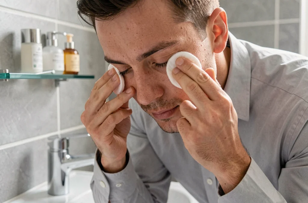 Homme appliquant des compresses froides sous les yeux pour dégonfler les poches rapidement avant une réunion