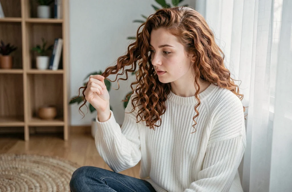 Jeune femme aux cheveux bouclés examinant la longueur et la pousse de ses cheveux naturels