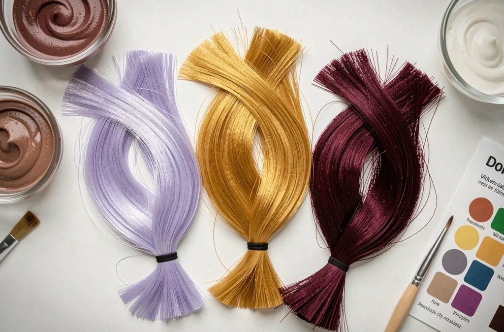 Mèches de cheveux patinées en platine violet, miel doré et acajou bordeaux présentées sur céramique blanche