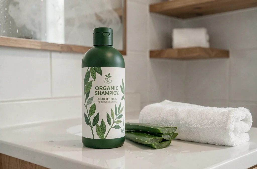 Flacon de shampoing bio familial extra-doux Melvita posé sur un plan vasque en céramique avec des feuilles d'aloe vera fraîches et une serviette blanche
