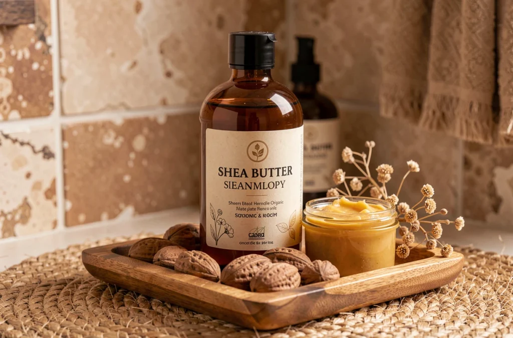Flacon de shampoing ultra-nourrissant Natessance au karité bio sur un plateau en bois avec des noix de karité brutes et un pot de beurre de karité doré