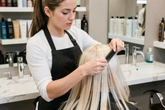 Coiffeuse appliquant une patine blonde froide sur les cheveux d'une cliente dans un salon moderne