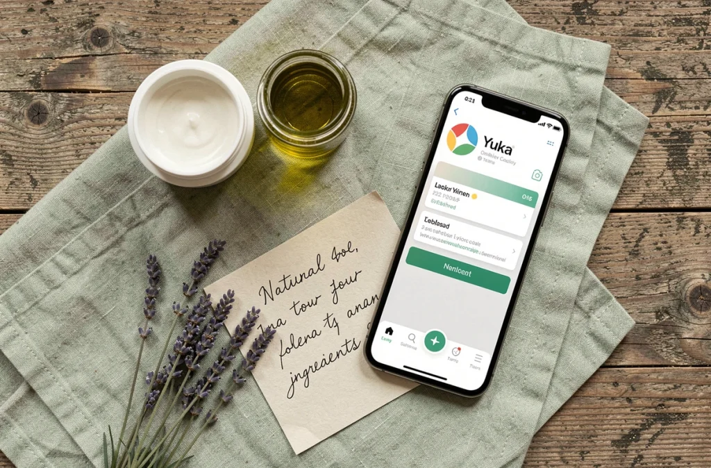 Scan d'un produit bio La Provençale sur l'application Yuka posé sur une table en bois avec des ingrédients naturels