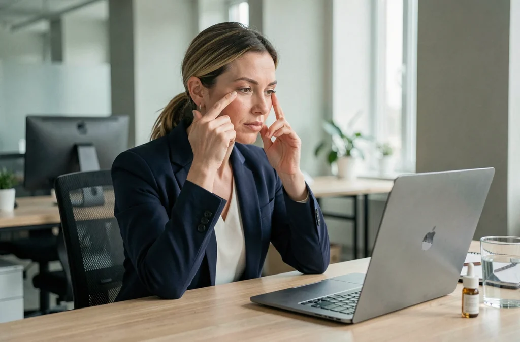 Femme appliquant un sérum contour des yeux au bureau pour faire disparaître les poches avant une réunion professionnelle