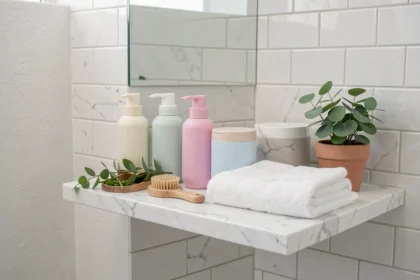 Étagère de salle de bain épurée avec plusieurs flacons de shampoing sans silicone, des plantes vertes et une serviette blanche, illustrant le thème des shampoings doux et naturels