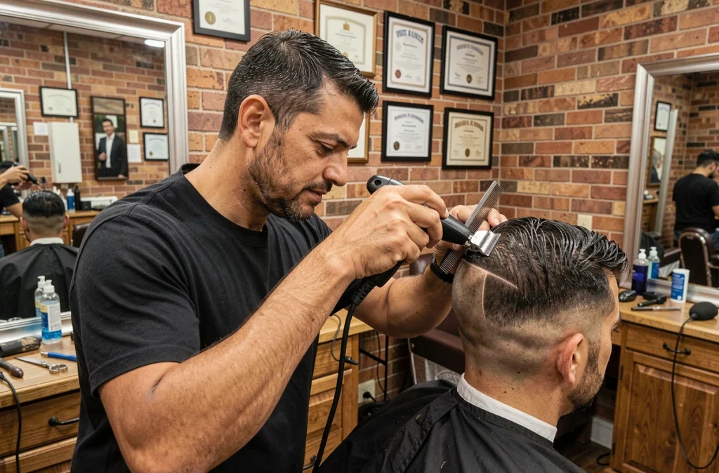 Barbier hispanique appliquant une technique de taper précise sur la tempe d'un client