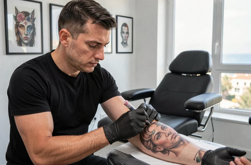 Tatoueur réaliste à Nice concentré sur l'application d'un tatouage portrait hyper-réaliste sur le bras d'un client