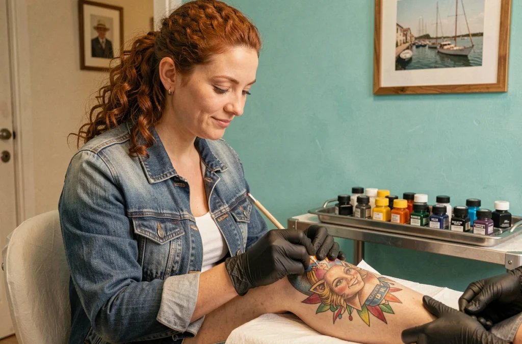 Tatoueuse polyvalente à Martigues travaillant sur un tatouage illustratif coloré sur le mollet d'un client dans un studio aux couleurs méditerranéennes