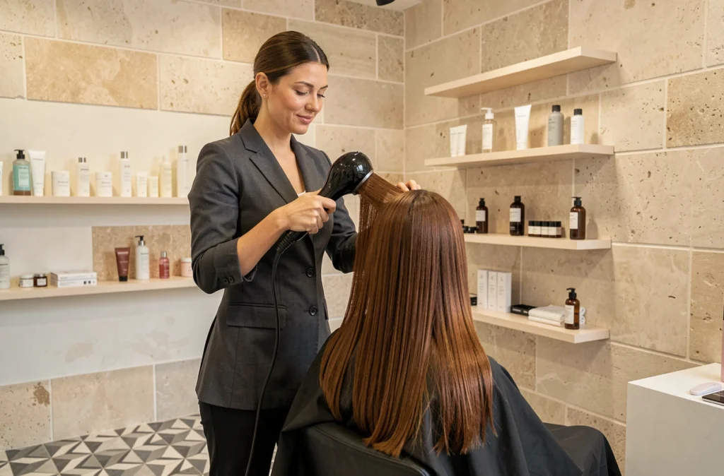 Coiffeuse d'Art Sérénissime à Lattes réalisant un brushing soigné sur une cliente dans un salon épuré aux tons pierre