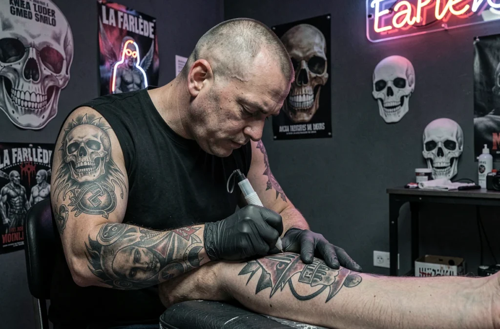 Tatoueur d'Art Skull à La Farlède aux bras couverts de tatouages travaillant sur un motif sombre dans un studio au décor gothique