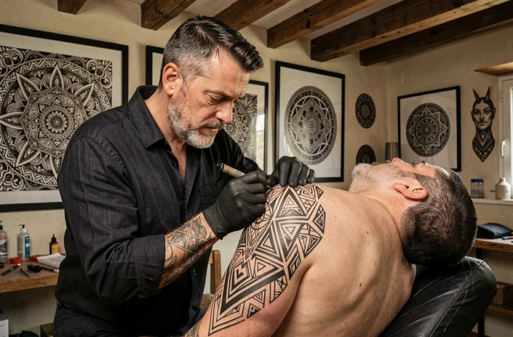 Tatoueur spécialisé en blackwork à Brignoles dessinant des motifs géométriques audacieux sur l'épaule d'un client dans un atelier rustique