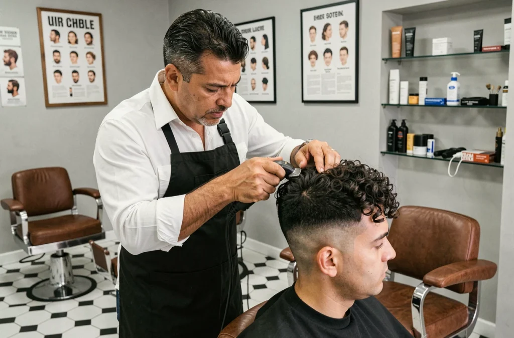 Barbier professionnel réalisant une coupe taper fade sur cheveux bouclés dans un salon vintage