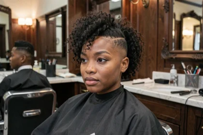 Jeune femme noire avec une coupe taper fade sur cheveux bouclés dans un salon de coiffure moderne