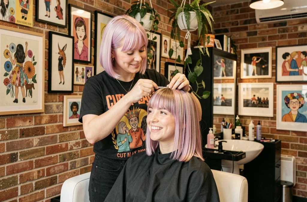 Coiffeuse de Cut My Bangs Montpellier coupant la frange d'une cliente souriante dans un salon bohème aux briques apparentes