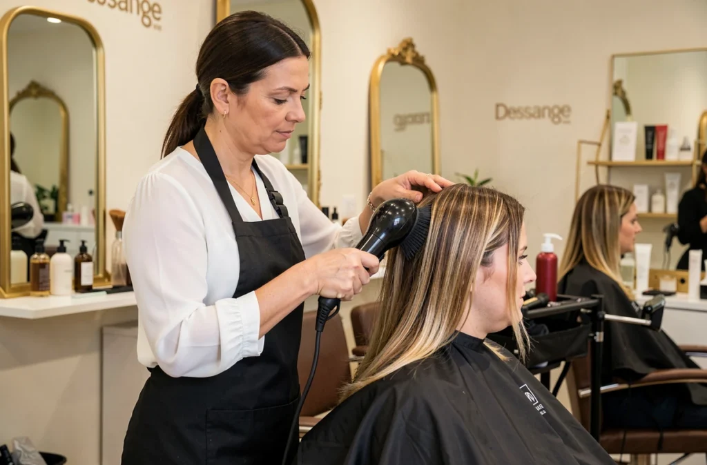 Coiffeuse professionnelle soufflant les cheveux d'une cliente dans le salon Dessange de Lille avec des miroirs dorés en arrière-plan