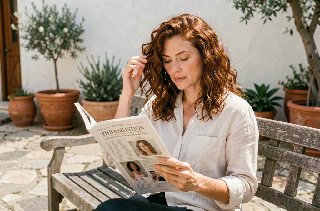 Femme aux cheveux bouclés roux en transition lisant un article sur les coupes à l'espagnole, assise dans une cour méditerranéenne ensoleillée